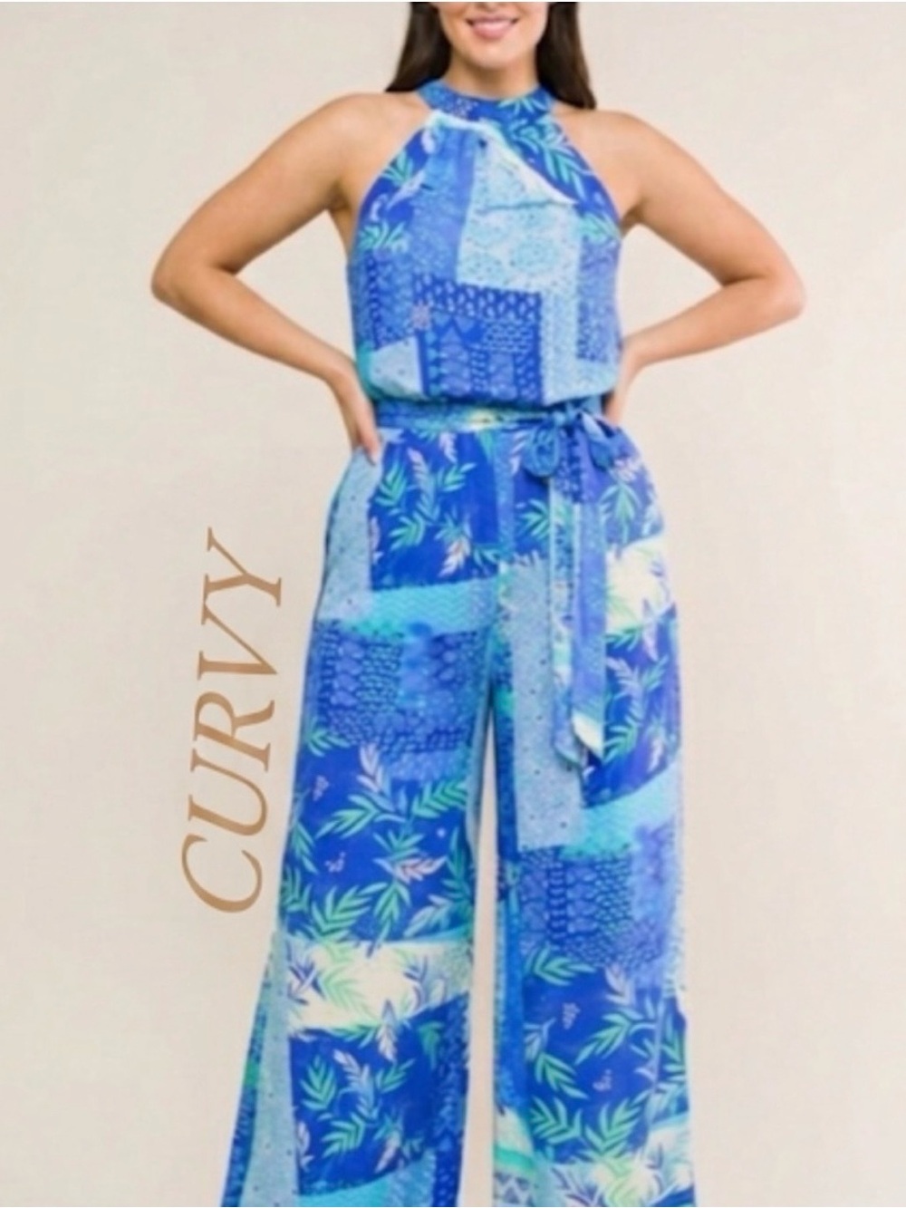 💕PLUS Flying Tomato Halter Patchwork Print Jumpsuit